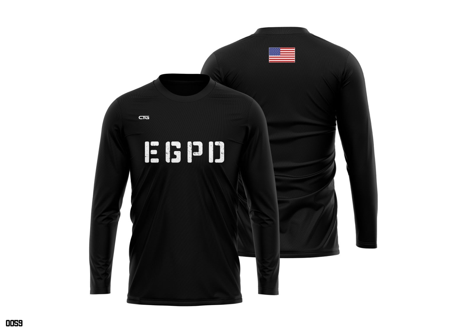 Change The Game Apparel EGPD Honor long sleeve performance tee, black athletic shirt with logo, front view.