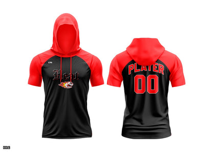 Redline Heat short sleeve hoodie by Change The Game Apparel, featuring bold red and black design with comfortable fit.