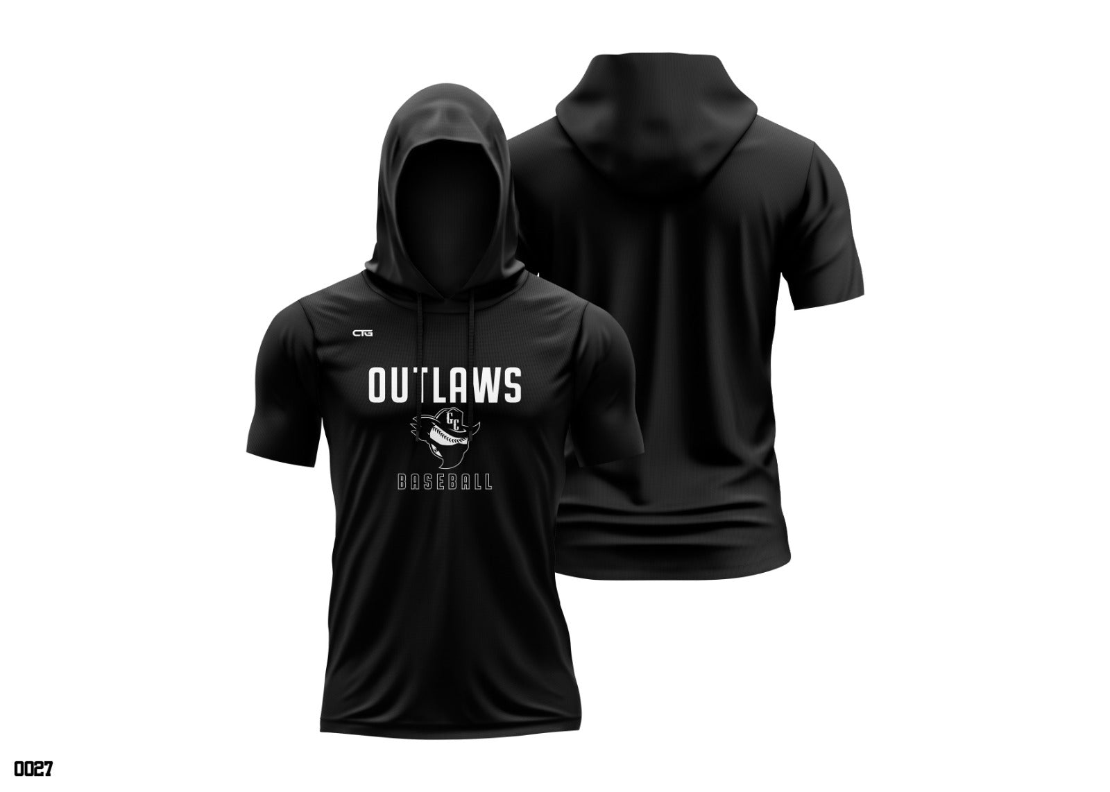 Change The Game Apparel Outlaws Stealth Shortsleeve Hoodie in black, displayed on a hanger showing its sleek design and logo.
